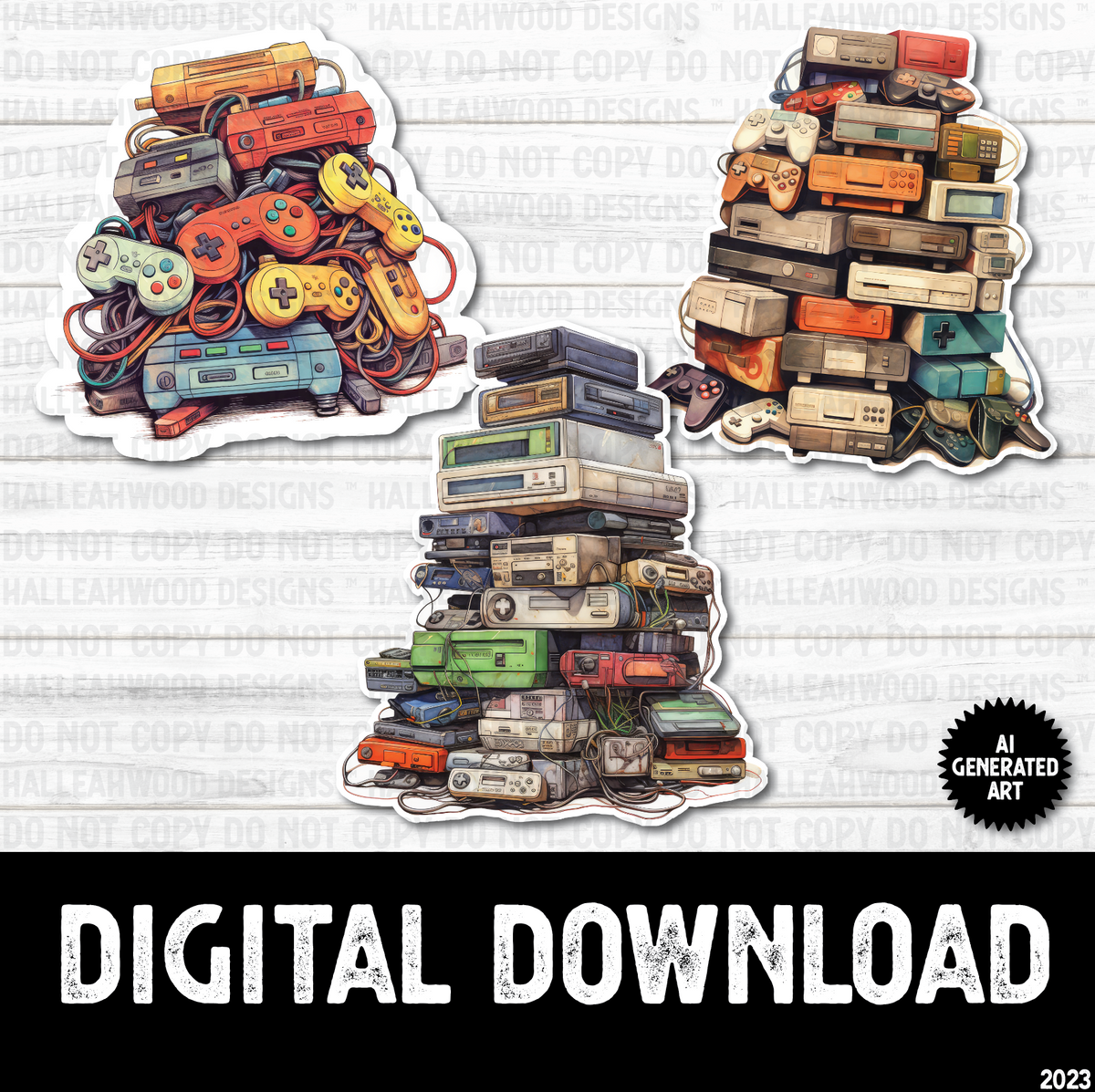 Console Games Stack AI Generated Art Stacks of Gaming Consoles and Controllers – Halleahwood