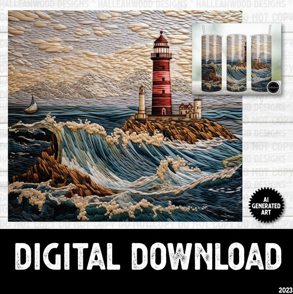 AI Generated Art Embroidered 3D Tumbler Wrap Lighthouse