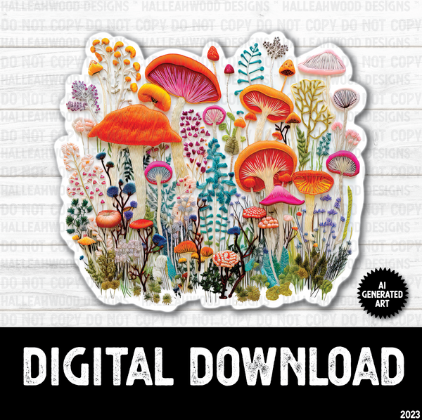 AI Generated Art Embroidered Bright Mushrooms