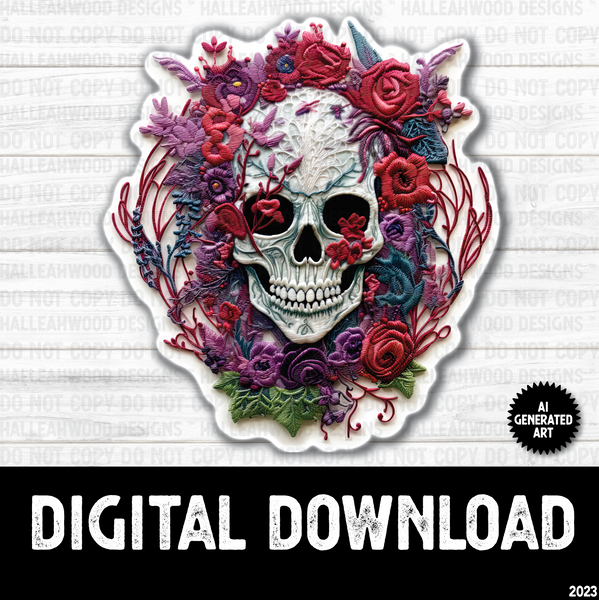 AI Generated Art Embroidered Skull Floral 2