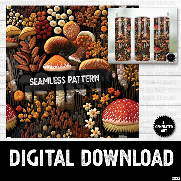 AI Generated Art Embroidered Seamless Pattern Earthy Mushrooms