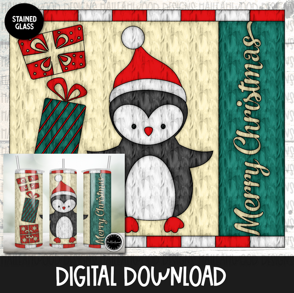 Merry Christmas Penguins Stained Glass